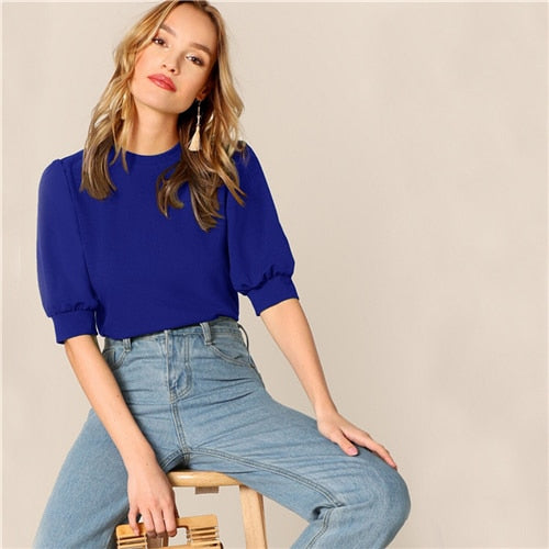 Women Fashion Trending Ladies Casual Green Puff Sleeve Keyhole Back Solid Top And Blouse Women 2020 Summer Workwear Half Sleeve Elegant Blouses