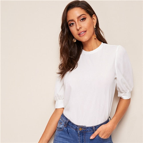 Women Fashion Trending Ladies Casual Green Puff Sleeve Keyhole Back Solid Top And Blouse Women 2020 Summer Workwear Half Sleeve Elegant Blouses