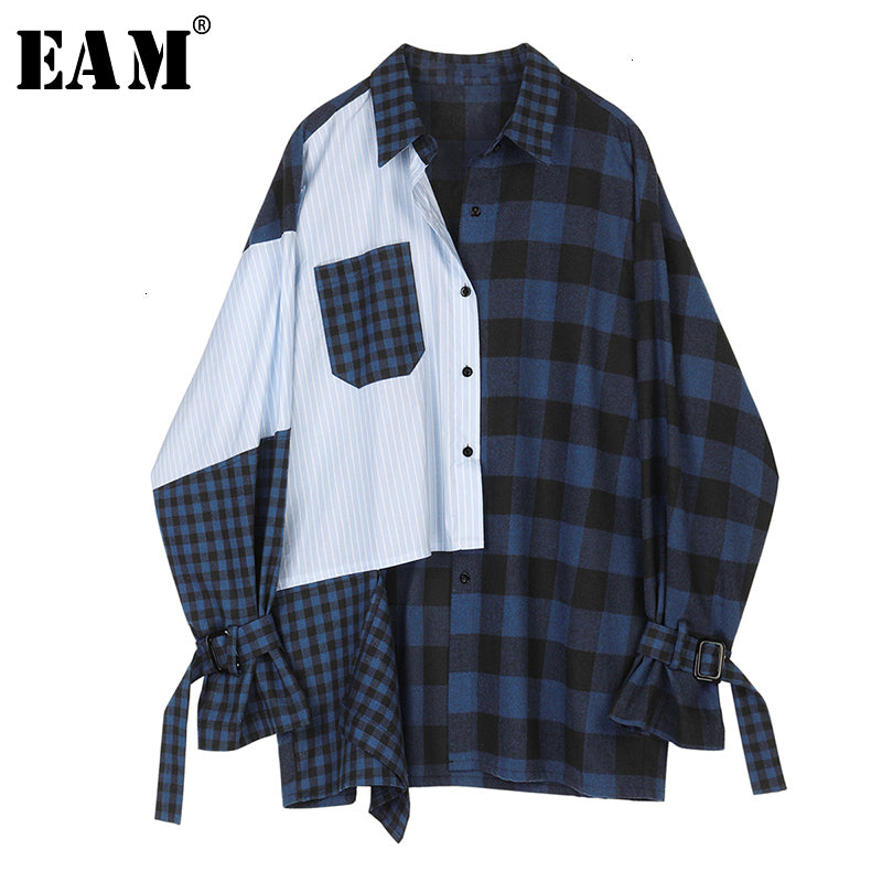 [EAM] Women Blue Striped Plaid Split Big Size Blouse New Lapel Long Sleeve Loose Fit Shirt Fashion Tide Spring Autumn 2020 1D356