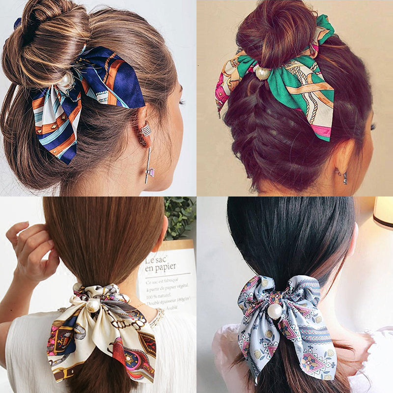 Chiffon Hair Scrunchies Women Fashion Pearl Ponytail Holder Hair Tie Hair Rope Rubber Bands Hair Accessories Bowknot Headwear