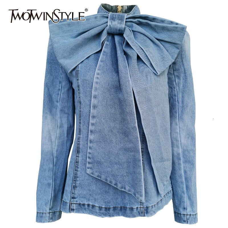 TWOTWINSTYLE Patchwork Bow Denim Women's Jacket Stand Collar Long Sleeve Vintage Ruched Jackets For Female 2019 Fashion Clothing