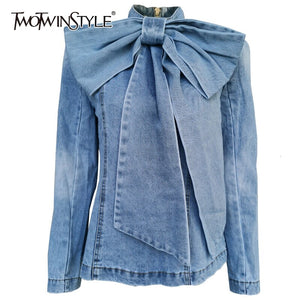 TWOTWINSTYLE Patchwork Bow Denim Women's Jacket Stand Collar Long Sleeve Vintage Ruched Jackets For Female 2019 Fashion Clothing