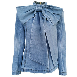 TWOTWINSTYLE Patchwork Bow Denim Women's Jacket Stand Collar Long Sleeve Vintage Ruched Jackets For Female 2019 Fashion Clothing