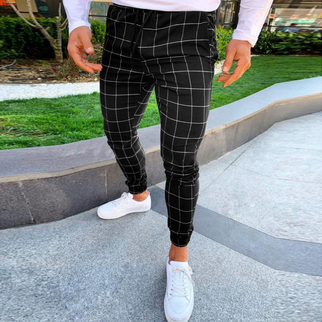 Fashion Men Casual Plaid Print Drawstring Elastic Waist Long Pants Trousers pantalon homme men trousers mens pants fashions men