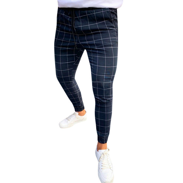 Fashion Men Casual Plaid Print Drawstring Elastic Waist Long Pants Trousers pantalon homme men trousers mens pants fashions men