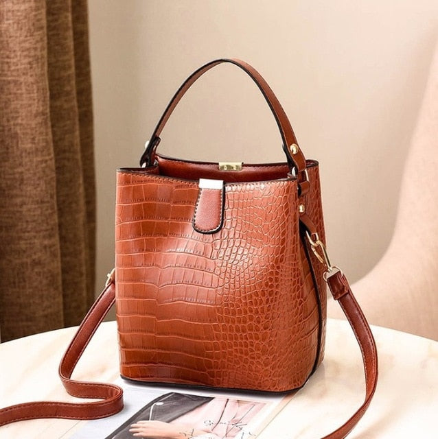 Retro Alligator Bucket Bags Women Crocodile Pattern Handbag Capacity Casual Crocodile Shoulder Messenger Bags Ladies PU Purse