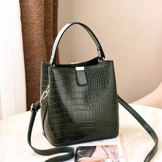 Retro Alligator Bucket Bags Women Crocodile Pattern Handbag Capacity Casual Crocodile Shoulder Messenger Bags Ladies PU Purse