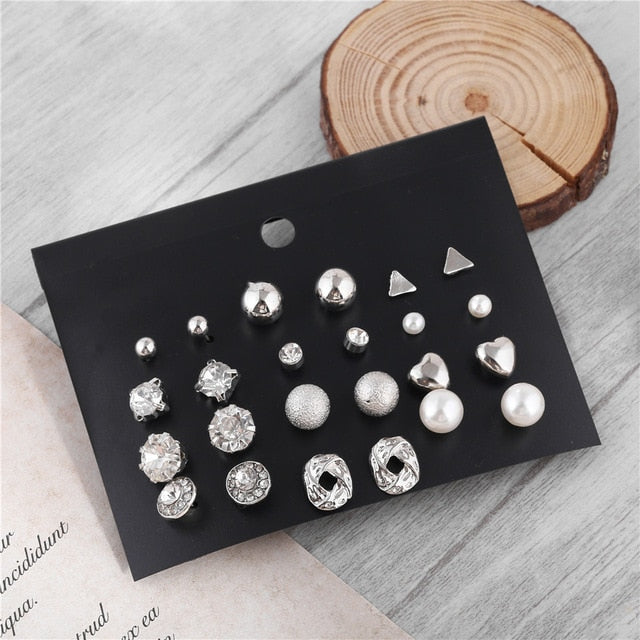 2019 Crystal Simulated Pearl Earrings Set Women Jewelry Accessories Piercing Ball Stud Earring Kit Bijouteria Brincos Wholesale