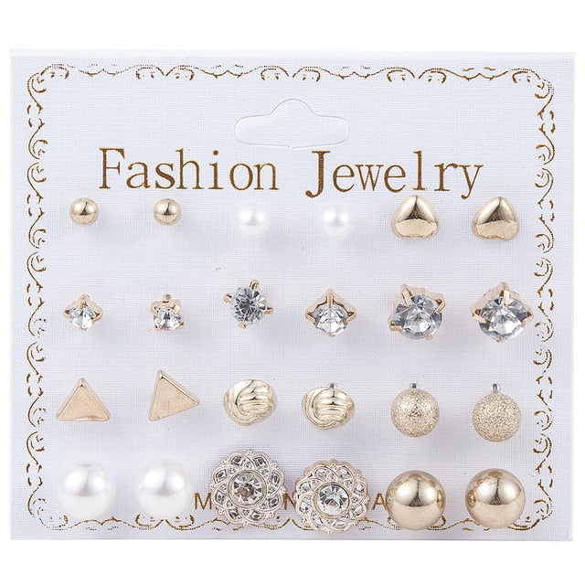 2019 Crystal Simulated Pearl Earrings Set Women Jewelry Accessories Piercing Ball Stud Earring Kit Bijouteria Brincos Wholesale