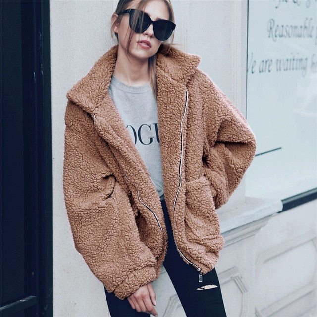 Elegant Faux Fur Coat Women Autumn Winter Thick Warm Soft Fleece Jacket Pocket Zipper Outerwear Overcoat Bear Teddy coat S-3XL