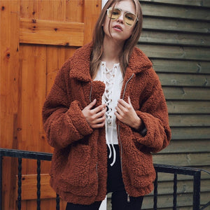 Elegant Faux Fur Coat Women Autumn Winter Thick Warm Soft Fleece Jacket Pocket Zipper Outerwear Overcoat Bear Teddy coat S-3XL