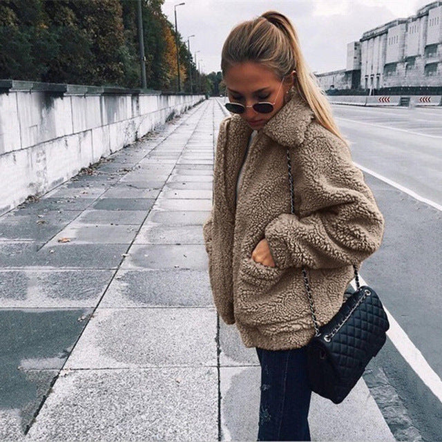 Elegant Faux Fur Coat Women Autumn Winter Thick Warm Soft Fleece Jacket Pocket Zipper Outerwear Overcoat Bear Teddy coat S-3XL