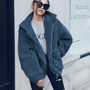 Elegant Faux Fur Coat Women Autumn Winter Thick Warm Soft Fleece Jacket Pocket Zipper Outerwear Overcoat Bear Teddy coat S-3XL