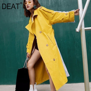 DEAT 2020 New Fashion Stripe Patchwork Sashes Windbreaker Long Section Turn-down Collar Personality Clothes Coat BD226