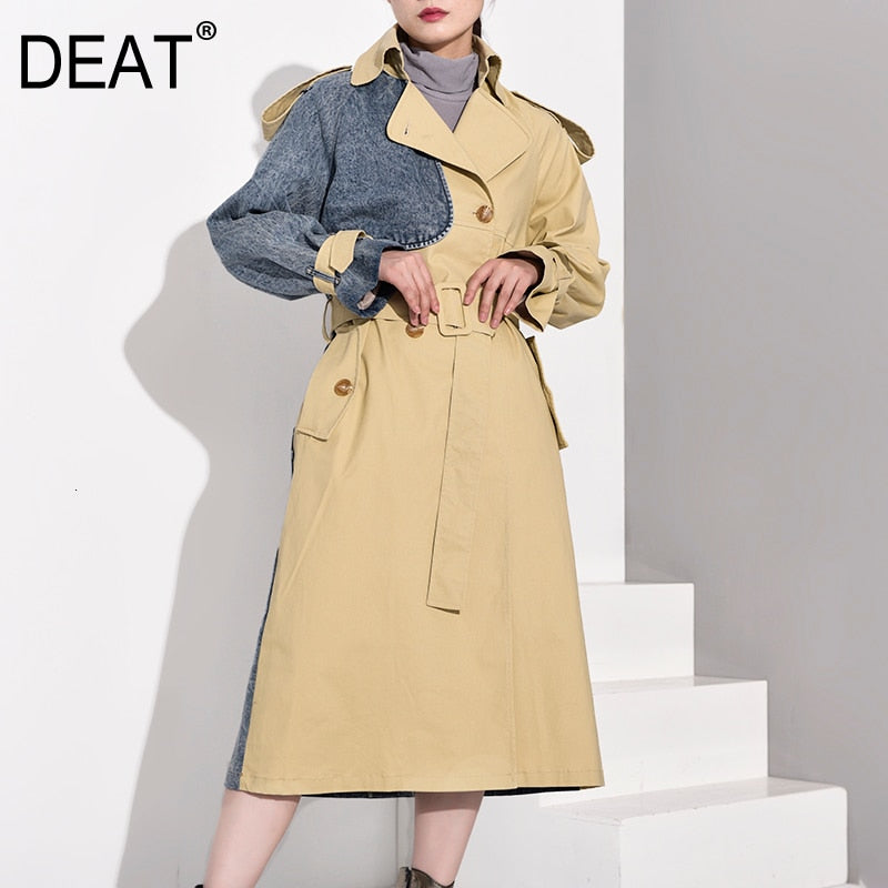 DEAT  Women Trench New Lapel Long Sleeve Loose Fit Windbreaker Fashion Tide Autumn Winter 2020