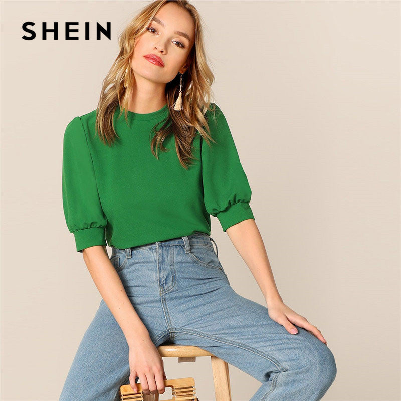 Women Fashion Trending Ladies Casual Green Puff Sleeve Keyhole Back Solid Top And Blouse Women 2020 Summer Workwear Half Sleeve Elegant Blouses