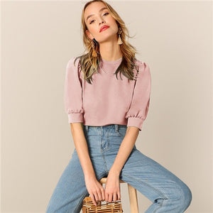 Women Fashion Trending Ladies Casual Green Puff Sleeve Keyhole Back Solid Top And Blouse Women 2020 Summer Workwear Half Sleeve Elegant Blouses